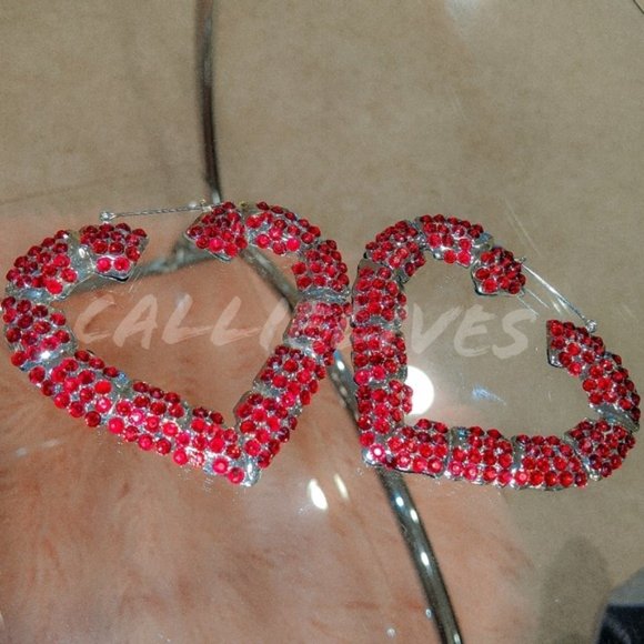 Miz Big Heart: Red Rhinestone MaryJ Bling Bamboo 80s Vintage Style Retro Earring - Picture 4 of 9